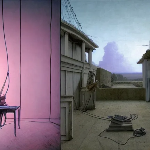 Image similar to hyperrealistic liminal spaces, David Friedrich, award winning masterpiece with incredible details, Zhang Kechun, a surreal vaporwave vaporwave vaporwave vaporwave vaporwave painting by Thomas Cole of an old pink mannequin head wearing VR goggles with cables and wires coming out of it's neck, highly detailed