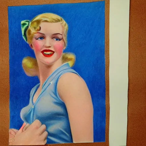 Image similar to a 1 9 2 0 s ultra - realistic color portrait. happy, healthy, beautiful, smiling, young, sporty, blonde, blue - eyed symmetric rosie the riveter in decent athletic wear. hyper - realistic detailed drawing