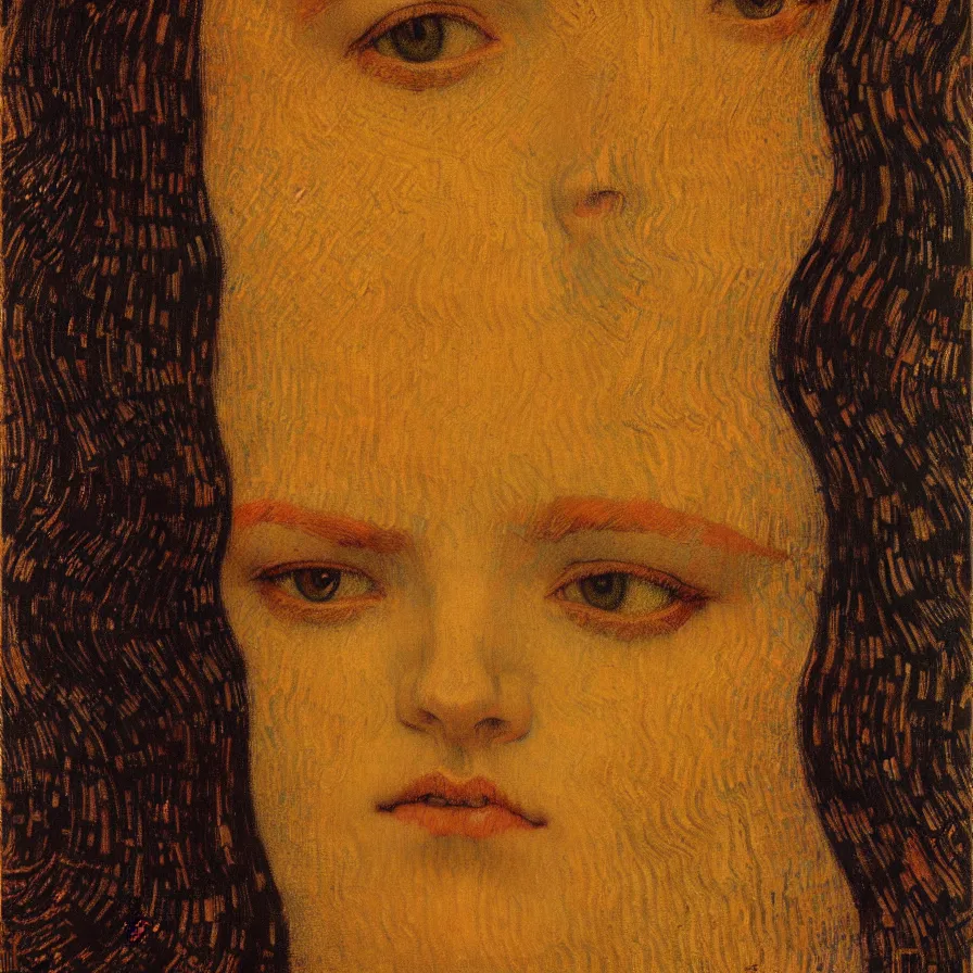 Image similar to detailed realistic beautiful young medieval queen face portrait by jean delville, gustav klimt and vincent van gogh, art nouveau, symbolist, visionary, gothic, pre - raphaelite, muted earthy colors, desaturated