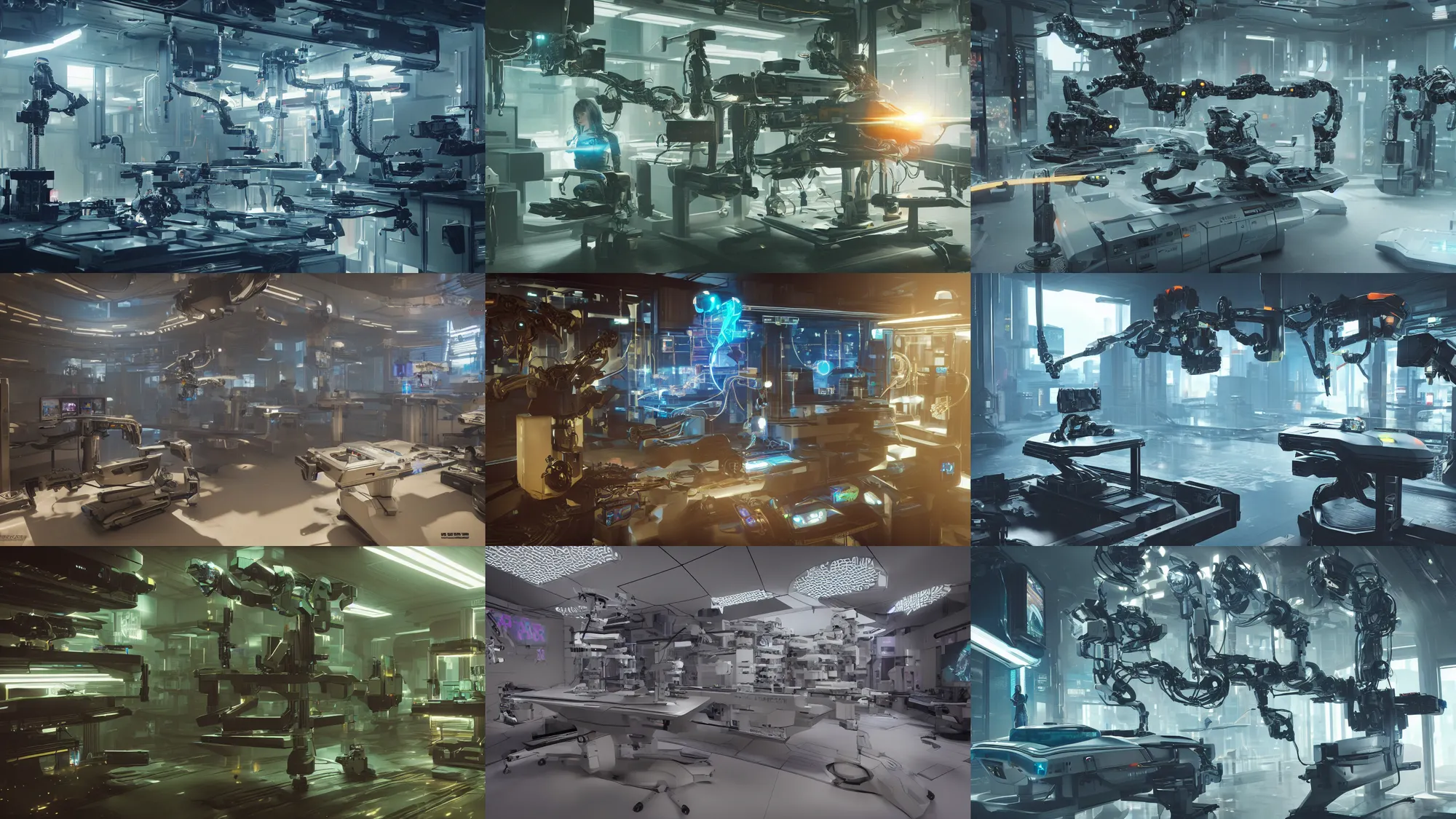 Prompt: ( cyberpunk 2 0 7 7, bladerunner 2 0 4 9 ), a complex thick bifurcated robotic cnc surgical arm cybernetic symbiosis hybrid mri 3 d printer machine making a bio chemical lab, shiny knobs, amazing, fantastic, natural light in room, drone camera lens orbs, global illumination, octane render, architectural, f 3 2,