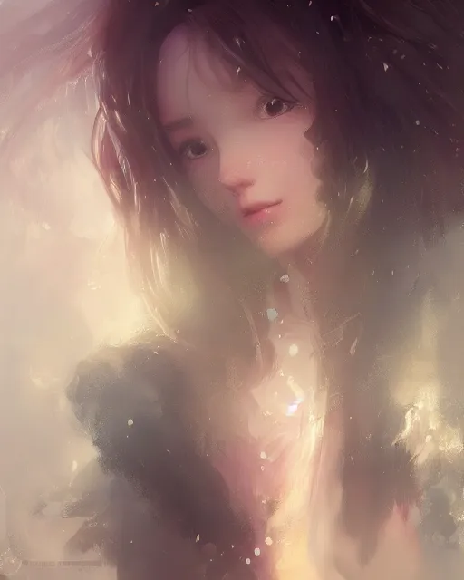 Image similar to beautiful aerith gainsborough, face centered portrait, cottagecore, confident, fog, rain, volumetric lighting, soft light particles floating near her, illustration, perfectly shaded, oft painting, art by krenz cushart and wenjun lin