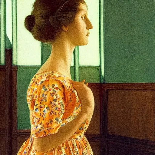 Prompt: close - up of a beautiful flowery girl in a liminal room, film still by wes anderson, depicted by balthus, limited color palette, very intricate, art nouveau, highly detailed, lights by hopper, soft pastel colors, minimalist
