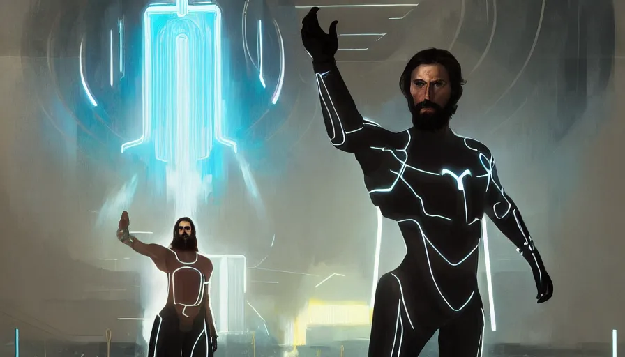 Prompt: tron legacy jesus at waterpark, face, diffuse lighting, hyper realistic, concept art, intricate, hyper detailed, smooth, sharp focus, illustration, trending on artstation, art by greg rutkowski and james gurney and alphonse mucha