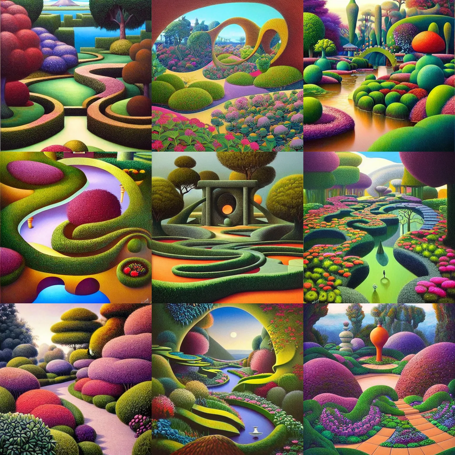 Prompt: a gorgeous, fantastic, magic garden landscape by michael kidd, moebius, escher, trending on artstation, artgerm, oil on canvas, muted color tones, darker,!! low contrast!!