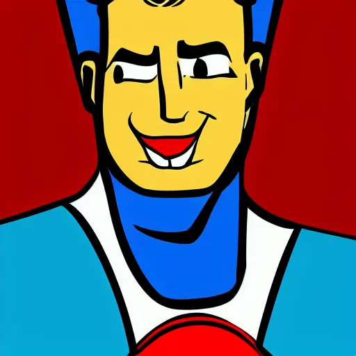 Prompt: pop art cartoon style, strong male, superhero, male with sharp chin, big smile, cartoon network, portrait