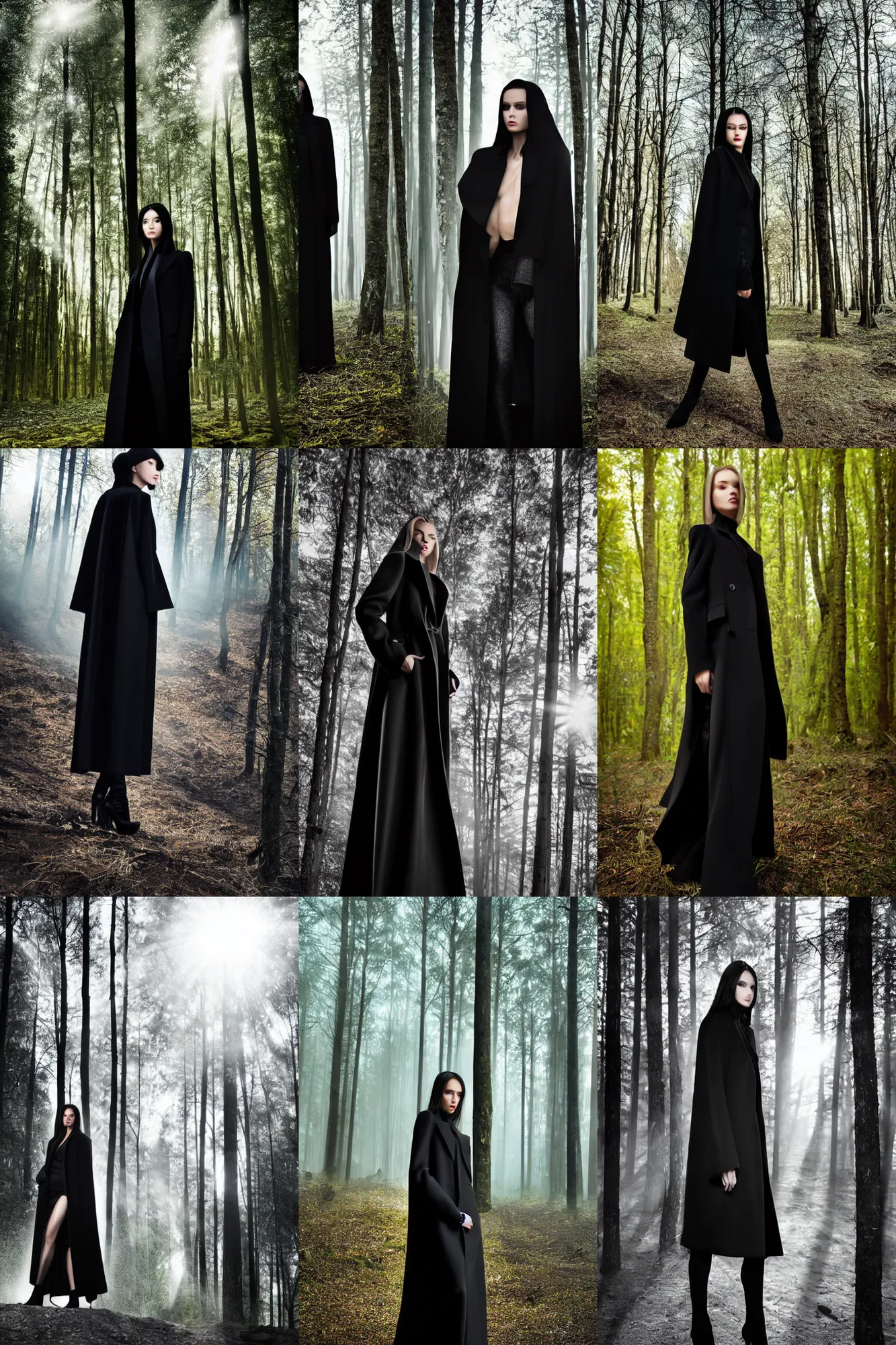 Prompt: an ultra high definition professional high fashion portrait studio full length photograph of a model wearing a long black coat by versace, forest environment. no artefacts. extremely detailed. stark. refraction. shallow depth of field. volumetric light and shadow. ray tracing. light rays.