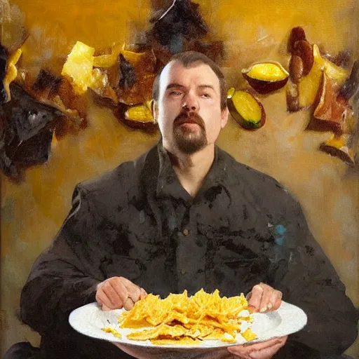 Prompt: portrait nachos with cheese and jalapeno, white background, detailed painting, epic lighting, by ilya repin, phil hale and kent williams