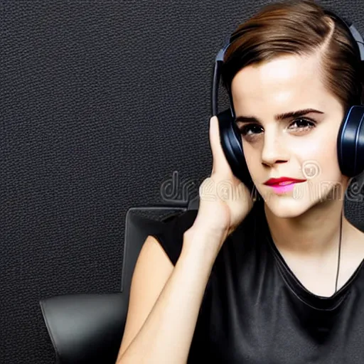 Image similar to emma watson wearing a gaming headset photo sitting on gaming chair stock photo