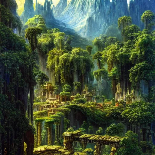 Image similar to a beautiful and highly detailed epic oil painting of an elven city in the mountains, lush valley, beautiful trees, ancient stone runes, intricate details, epic scale, insanely complex, 8 k, sharp focus, hyperrealism, fantasy landscape, psychedelic, by caspar friedrich, brian froud, albert bierstadt,