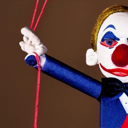 Prompt: puppeteer using a string marionette of a president with clown makeup in a podium