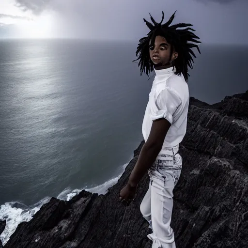 Prompt: an awe inspiring photo of Playboi Carti standing on top of a cliff while lightning strikes in a black sky behind him