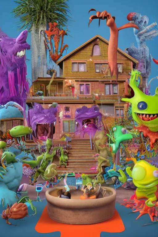 Image similar to a highly detailed 3 d render of an aaahh!!! real monsters house party : 1 | centered, colorful, matte background : 0. 9 | by james gurney :. 8 | unreal engine, deviantart, artstation, octane, finalrender, zbrush, keyshot, concept art, hd, 8 k resolution : 0. 8