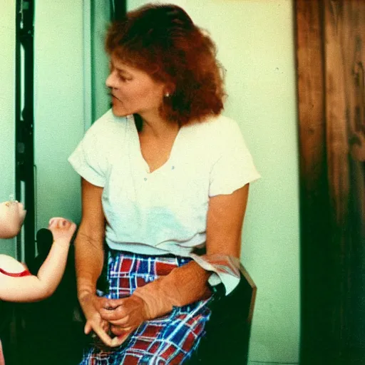 Prompt: 50 year old woman looking at her daughter, vintage photograph 35mm film, 1990s