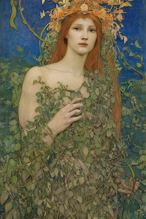 Image similar to queen of the springtime with leaves and vines growing from her, by Annie Swynnerton and Nicholas Roerich and jean delville, dramatic cinematic lighting , ornate headdress , flowing robes, lost civilizations, smooth, sharp focus, extremely detailed