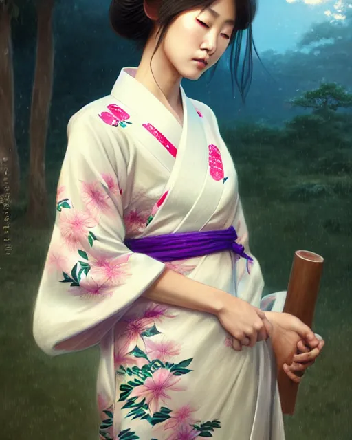 Image similar to a beautiful okinawa girl wear elegant yukata in festival | | summer night, realistic shaded, pleasant face, good looking, fine details, 4 k realistic, cryengine, realistic shaded lighting poster by greg rutkowski, magali villeneuve, artgerm, jeremy lipkin and michael garmash and rob rey