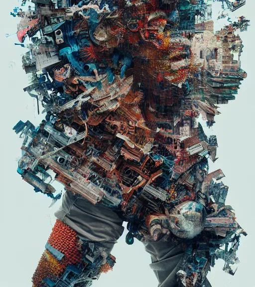 Prompt: continually torn apart by dariusz zawadzki, kenneth blom, james jean, pablo amaringo, naudline pierre, intricate, contemporary art, glitch, hyper detailed, rendered in octane
