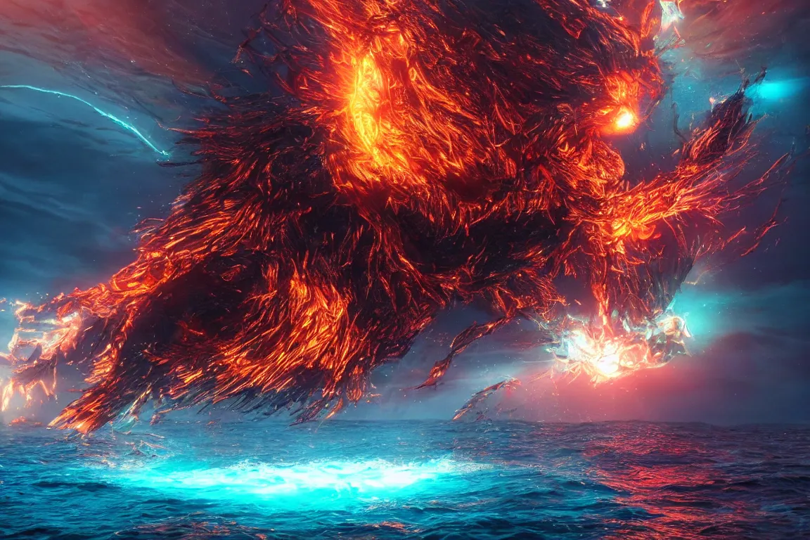 Image similar to colossal shaman god destroying very living thing in the ocean, made of lasers, cast across the night sky, 8 k, ultra realistic, lens flare, atmosphere, glow, detailed, intricate, full of colour, cinematic lighting, trending on artstation, 4 k, hyperrealistic, focused, extreme details, unreal engine 5, cinematic, masterpiece