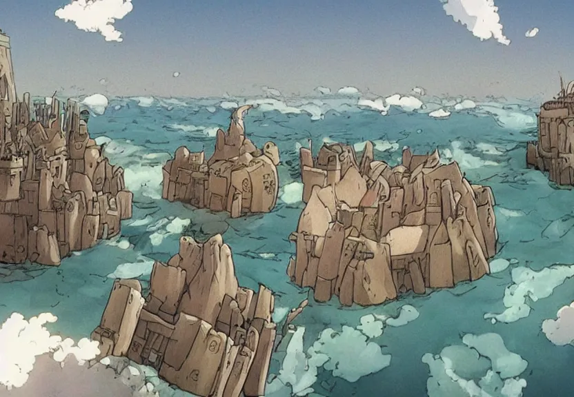 Image similar to a cell - shaded cartoon from howl'moving castle ( 2 0 0 4 ) showing stonehenge underwater at the bottom of the ocean. very dull muted colors, hd, 4 k, hq