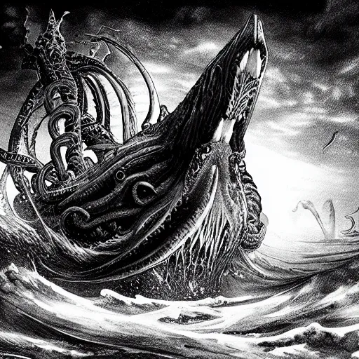 Image similar to kraken devours a huge ship in the style of kentaro miura, 4 k, 8 k, absolute detail of even the smallest details and particles, beautiful shadows, beautiful art, black and white drawing