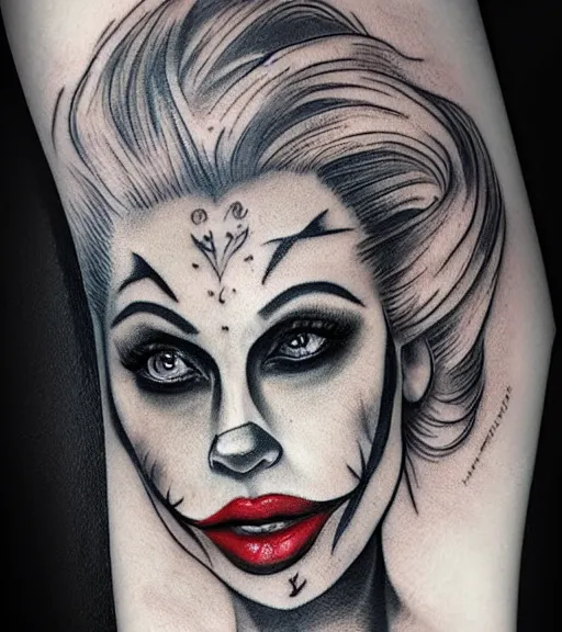 Prompt: tattoo design sketch of a beautiful blonde girl portrait with joker makeup, in the style of den yakovlev, realistic face, black and white, realism tattoo, hyper realistic, highly detailed