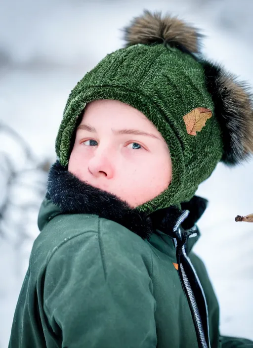 Prompt: portrait photo still of real life young stan marsh wearing a green trapper hat, 8 k, 8 5 mm, f. 1 4