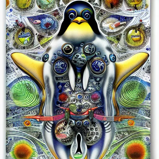 Prompt: cyborg penguin by ernst haeckel, masterpiece, vivid, very detailed