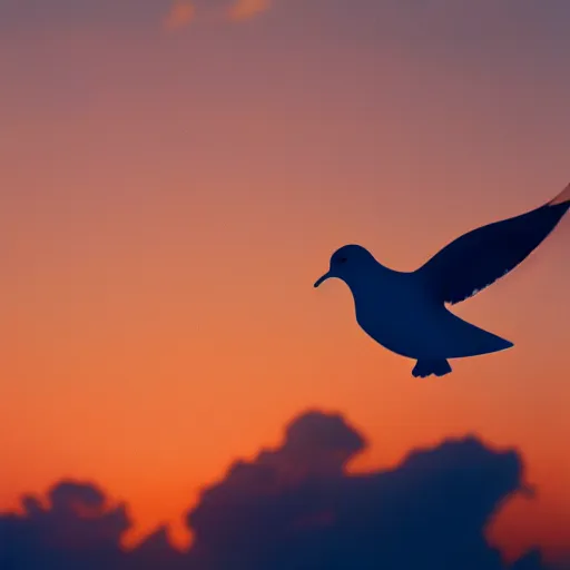 Image similar to Realistic shot of a radiant glowing dove flying over the clouds at sunset, ethereal, vintage photograph, film grain, surreal, awe-inspiring, highly detailed