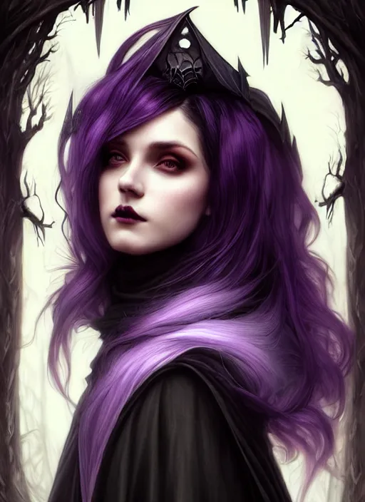 Prompt: side portrait Melanie as dark witch, adventurer outfit large cloak, fantasy forest landscape, dragon scales, fantasy magic, undercut hairstyle, short purple black fade hair, dark light night, intricate, elegant, sharp focus, illustration, highly detailed, digital painting, concept art, matte, art by WLOP and Artgerm and Greg Rutkowski and Alphonse Mucha, masterpiece