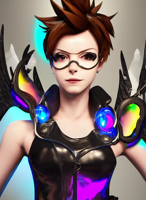 Image similar to portrait bust digital artwork of tracer overwatch, wearing black iridescent rainbow latex tank top, 4 k, expressive happy smug expression, makeup, in style of mark arian, angel wings, wearing detailed black leather collar, chains, black leather harness, detailed face and eyes,