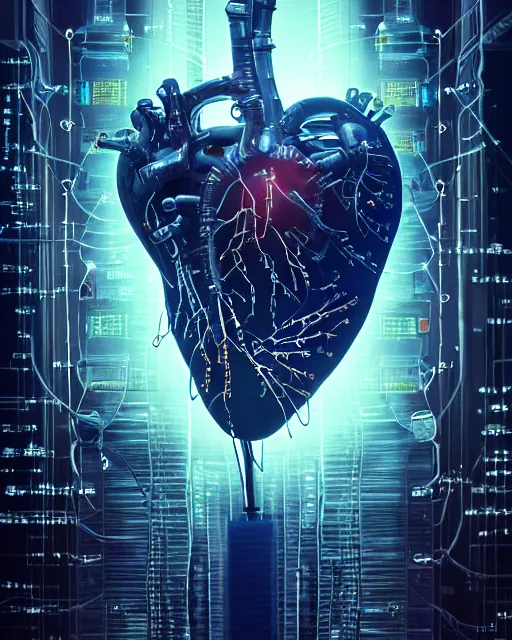 Image similar to a human heart cyberpunk style, revealing wires and electronics, hooked - up, sci - fi, missing panels, intricate abstract upper body intricate artwork, concept art, octane render, deviantart, cinematic, key art, hyperrealism, iridescent accents, portrait photograph, nikon 3 5 mm, photograph by greg rutkowski