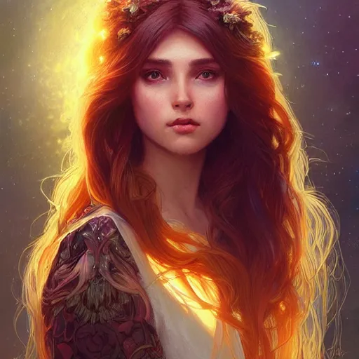 Image similar to girl with super long hair, hair becoming night stars, intricate, highly detailed, digital painting, artstation, concept art, smooth, sharp focus, illustration, unreal engine 5, 8 k, art by artgerm and greg rutkowski and alphonse mucha