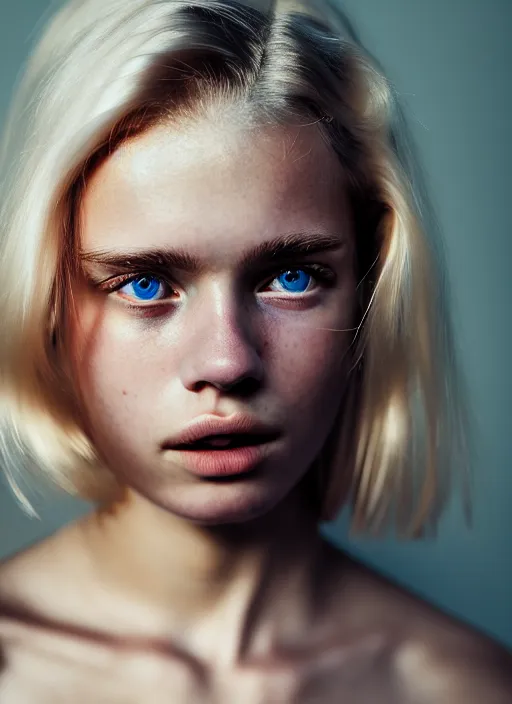 Prompt: Kodak Portra 400, 8K, highly detailed, photographic extreme close-up face of a pretty girl with blond hair , Low key lighting, photographed by Alessio Albi ,dark background, high quality,high contrast ,complementary colors , photo-realistic.