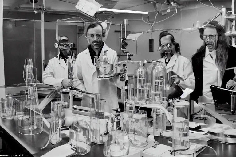 Image similar to reckless!!! whimsical! scientists in a lab inventing, presentation, tables overloaded with doomsday devices and beakers and test tubes