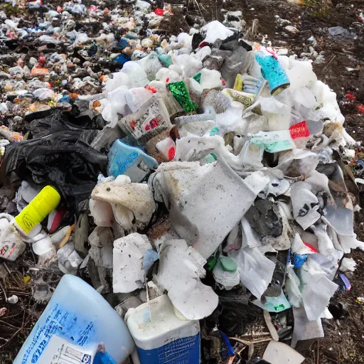 Prompt: lumpy dirty styrofoam garbage dump next to a broken mannequin, sigarette buds, wet newspaper, magazines, dirty water puddle, 8k - width 1080