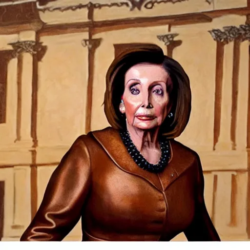 Image similar to painting of nancy pelosi standing in front of 1 6 th century backdrop. she looks like vigo the carpathian wearing armor. patina on armor. she ominously stares forward. hand on hip, arm resting on large stone. sepia toned. dramatic lighting. painting by lou police for ghostbusters 2.