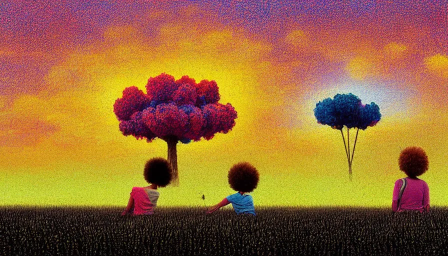 Image similar to daisy afro head, full body, girl watching sunset, empty wheat field, surreal photography, colorful clouds, tree, impressionist painting, colorful clouds, digital painting, pointillism, artstation, simon stalenhag