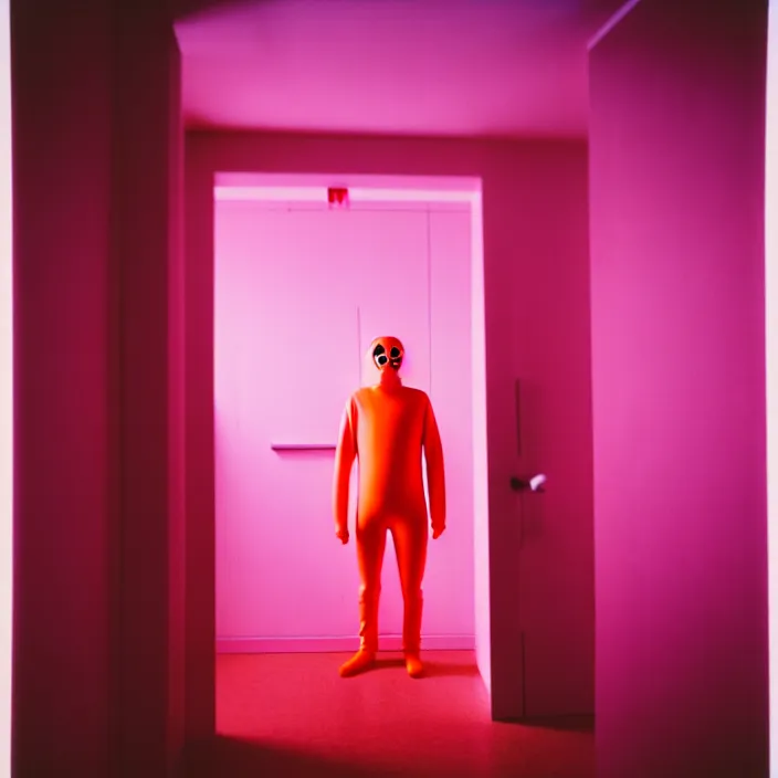 Prompt: a man in a pink morphsuit in a well - lit plain white hallway, double doors, orange eyes, linoleum floor, 3 5 mm, film shot, nightmare, horror