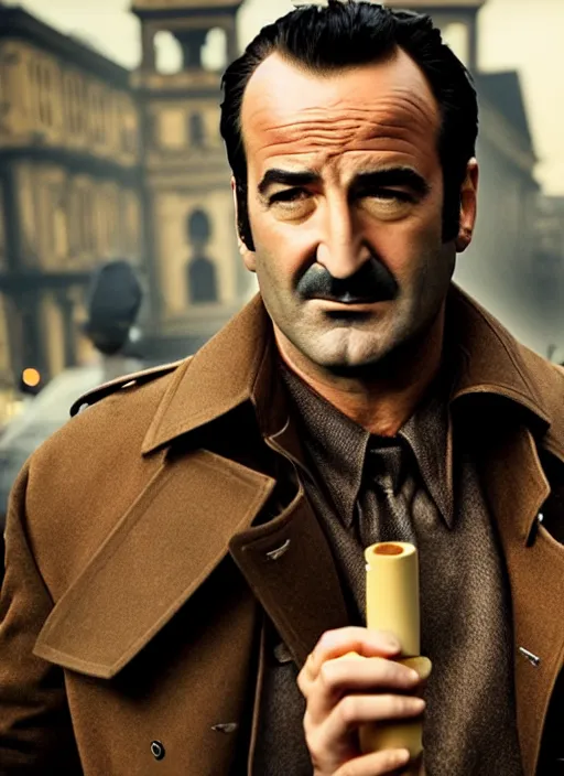 Prompt: photorealistic photography of beautiful jean dujardin in the artist, posing as a charismatic thief!, with a light brown trench coat and a cigarette, in dresden files movie, hd