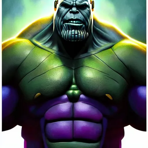 Image similar to mark ruffalo as thanos in a Marvel movie by nuri iyem, james gurney, james jean, greg rutkowski, anato finnstark. hyper detailed, 50mm, award winning photography.