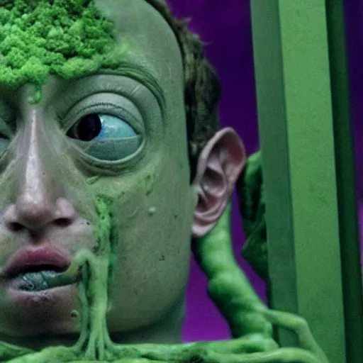 Image similar to a small weird childish alien as Mark Zuckerberg sitting in a room made of green slime and purple mold. Photograph from science fiction movie.