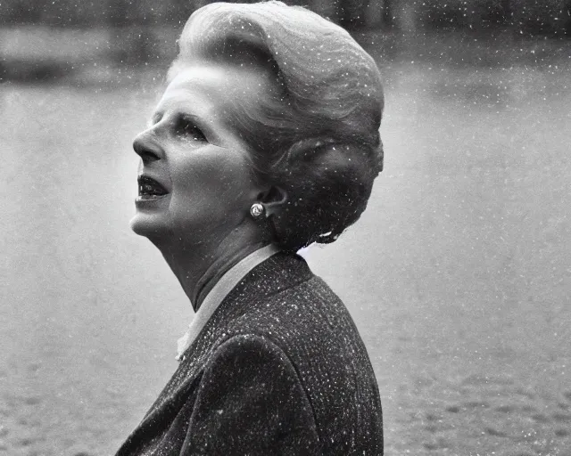 Image similar to margaret thatcher covered in rain wearing bikini, atmospheric moody hyper realistic award winning color cinematic still 8 k