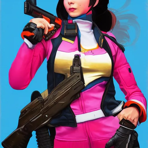 Image similar to d. va from overwatch holding ak 4 7 rifle, ektachrome bomber jacket, frank frazetta style