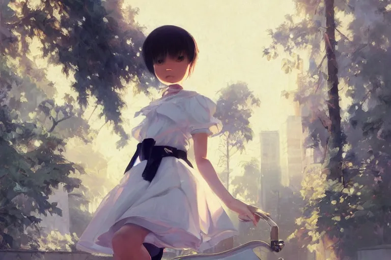 Image similar to A ultradetailed beautiful panting of a stylish woman in a maid outfit skateboarding, Oil painting, by Ilya Kuvshinov, Greg Rutkowski and Makoto Shinkai