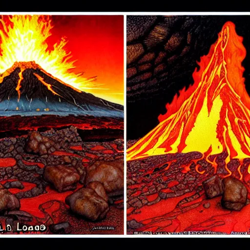 Image similar to poutine ( the canadian meal ) from ngauruhoe ( mount doom ), lava texture, char texture, volcano texture, fire texture, by alan lee, by john howe
