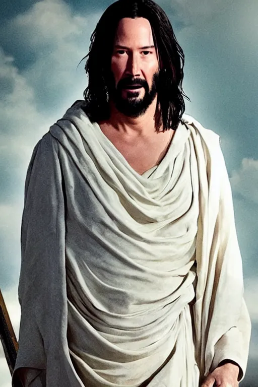 Prompt: Keanu Reeves as Jesus Christ for an upcoming movie directed by Christopher Nolan, detailed face, good lighting, promo shoot, studio lighting