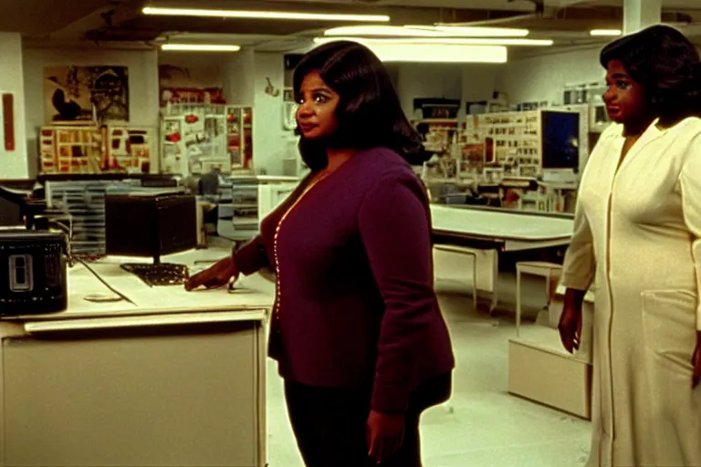 Prompt: cinematic screenshot of octavia spencer in a used electronics store standing in front of an old keyboard, iconic scene from the paranoid sci fi thriller film directed by stanley kubrick, apartment set in the near future, cinematic shot with anamorphic lenses, color theory, apartment design, leading lines, photorealistic, volumetric lighting