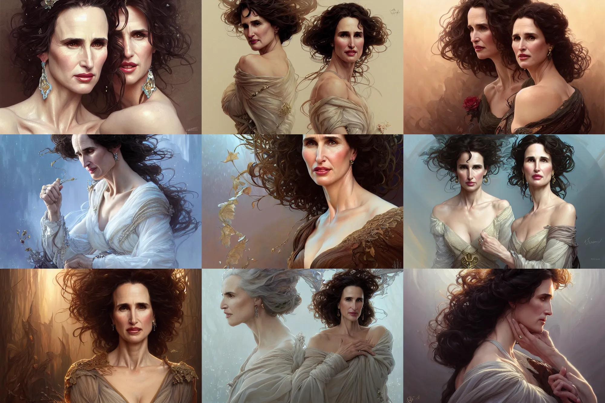 Prompt: andie macdowell portrait, fantasy, intricate, elegant, highly detailed, digital painting, artstation, concept art, matte, sharp focus, illustration, art by artgerm and greg rutkowski and alphonse mucha