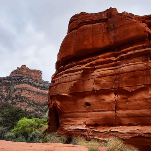 Prompt: A temple of sandstone built into the side of a canyon.