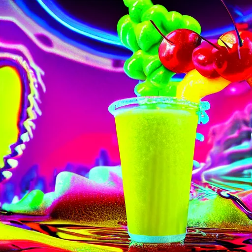 Prompt: cherry limeade smoothie drip, intricate complexity, surreal horror, psychedelic glitch art, neon rainbow drip paint, trending on art station, photoreal, 8 k, octane render