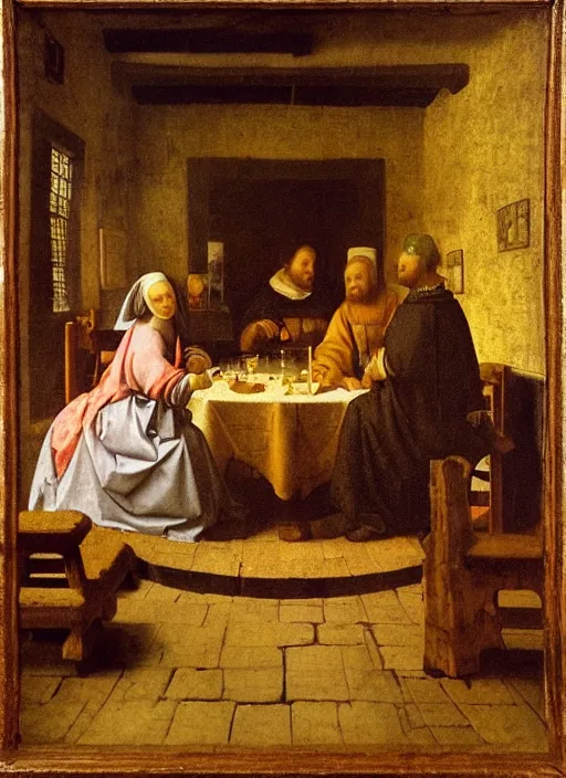 Image similar to a candlelit table at the inn, two people sitting at the table, swirling smoke, dark smoke, realistic, in the style of leonardo da vinci, dutch golden age, amsterdam, medieval painting by jan van eyck, johannes vermeer, florence